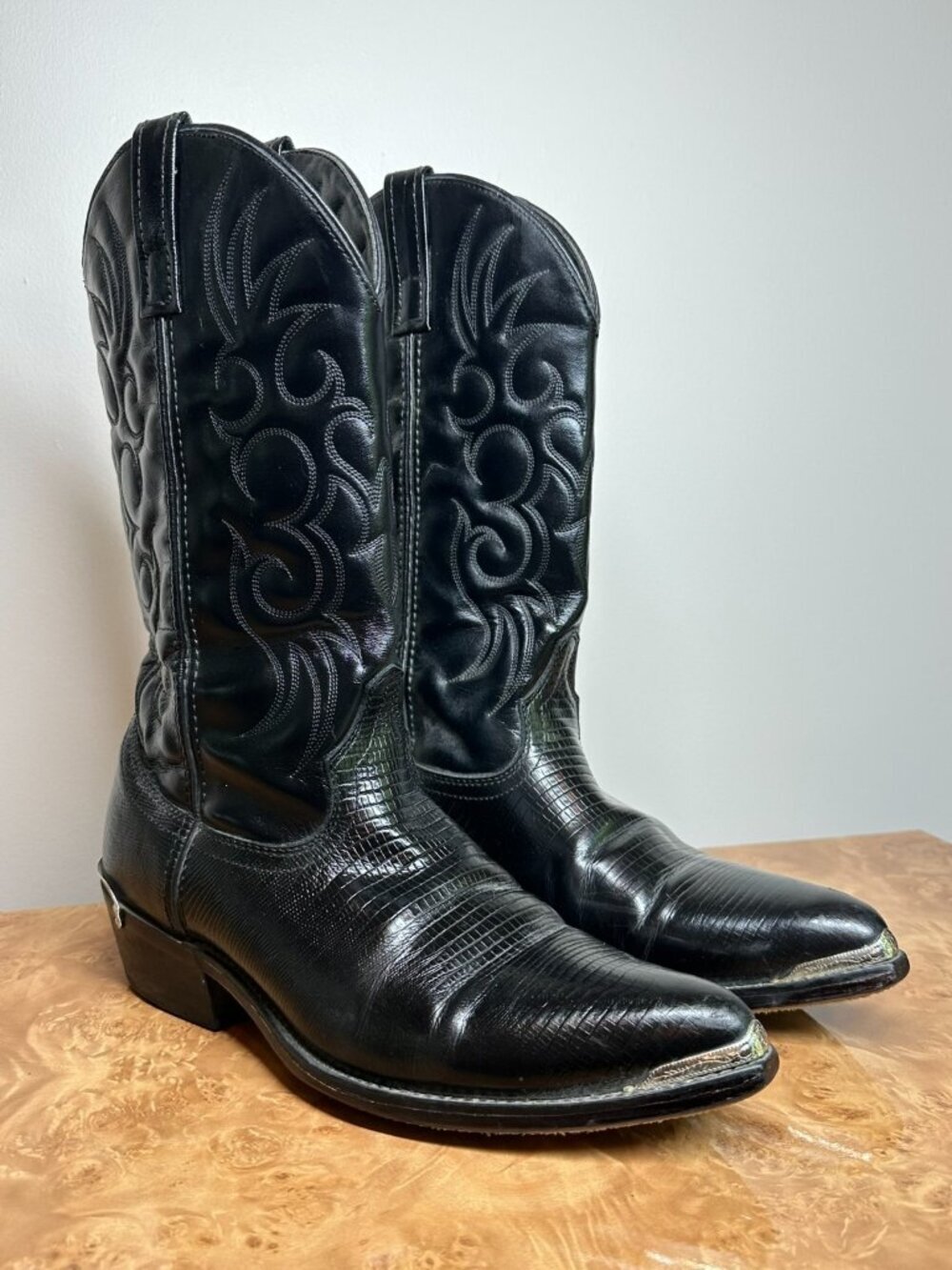Laredo Black Lizard Print Western Cowboy Boots Silver Toe Men's 11D